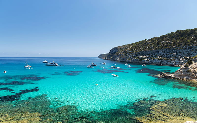 Pityusic Islands, blue Lagoon, Mediterranean Sea, coast, archipelago, Balearic Islands, Formentera, Spain, HD wallpaper