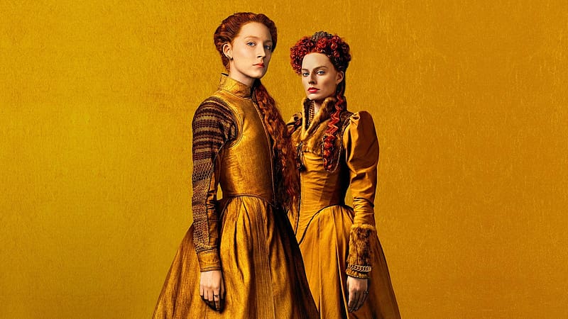 Mary Queen of Scots 2018, poster, margot robbie, dress, actress, woman, afis, saoirse ronan, yellow, movie, couple, mary queen of scots, HD wallpaper