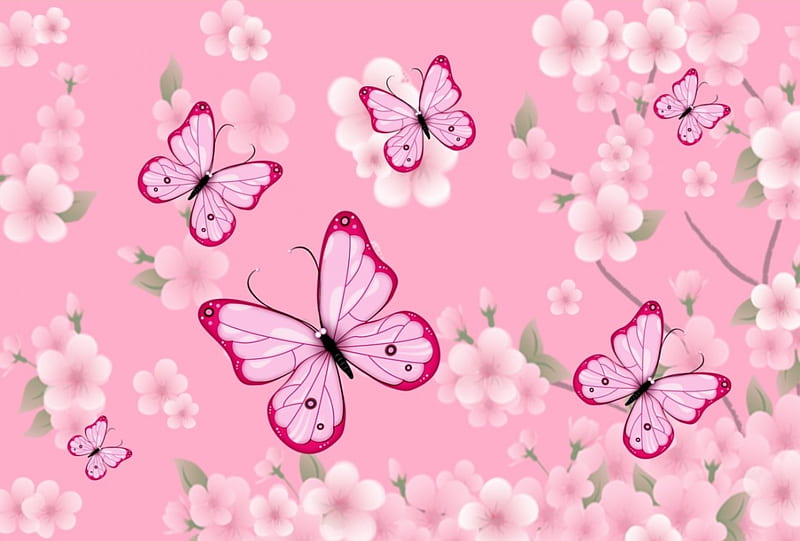 ~Pink~, flowers, butterflies, butterfly, pink, HD wallpaper