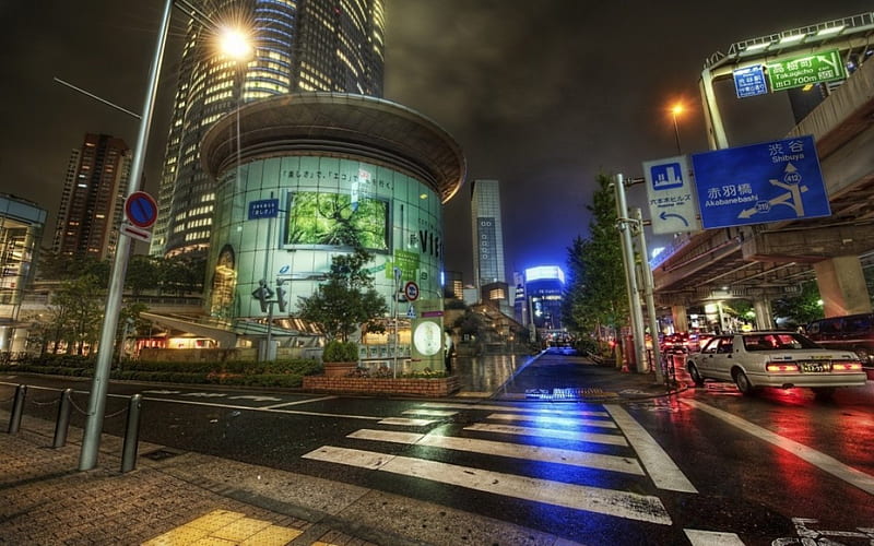 Tokyo, japan, city, japanese, rain, crossroad, night, HD wallpaper
