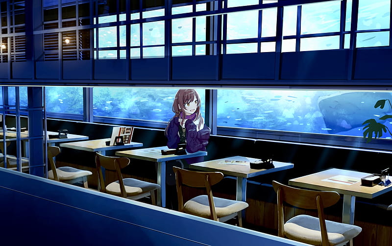 oosaki amana, restaurant, the idolmaster shiny colors, aquarium, Anime, HD wallpaper