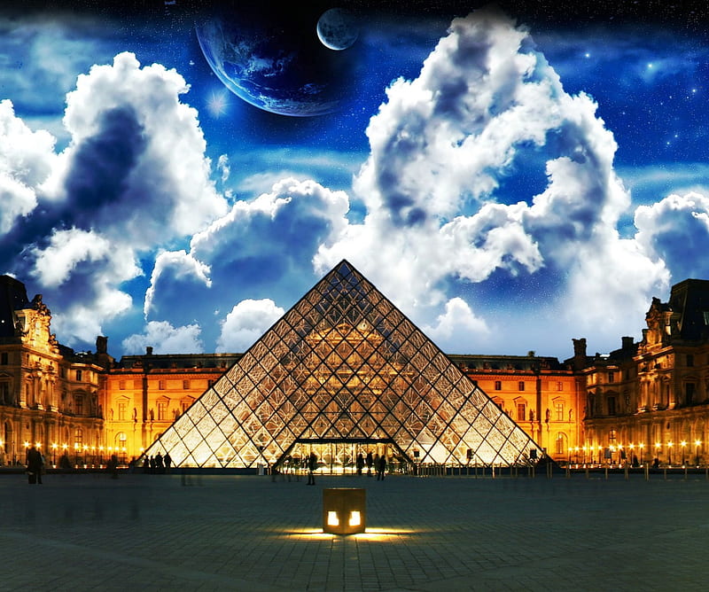Over the Louvre, clouds, france, landscape, moon, museum, night, HD wallpaper