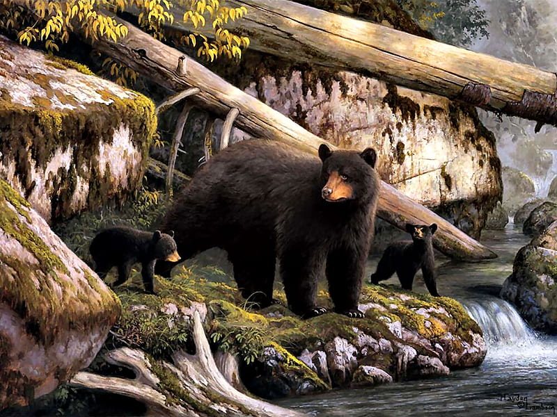 Den Mother - Bears F, art, bonito, illustration, artwork, animal, painting, wide screen, wildlife, nature, cubs, bears, HD wallpaper