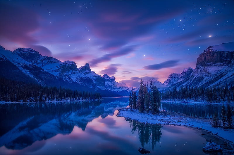 Earth, Reflection, Canada, Jasper National Park, Lake, Mountain, Nature, Night, Winter, HD wallpaper