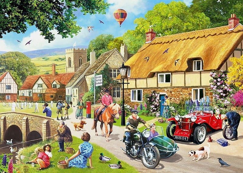 Leisure Days, cottage, motorbike, church, horse, combination, red car, balloon, sidecar, rider, bridge, thatch, flowers, leisure, fishing, cricket, HD wallpaper