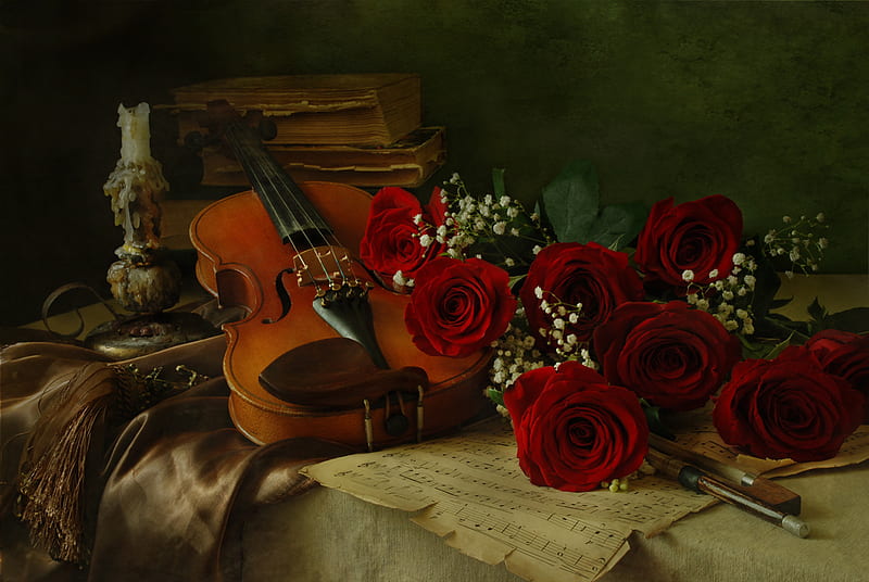 still life, red, pretty, rose, books, notes, bonito, old, graphy, nice, love, flowers, beauty, harmony, candle, violin, lovely, romance, music, roses, candles, cool, bouquet, flower, HD wallpaper