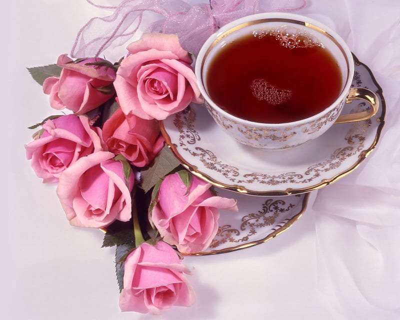 Tea and Roses. jpg, cup, roses, tea, suacers, HD wallpaper