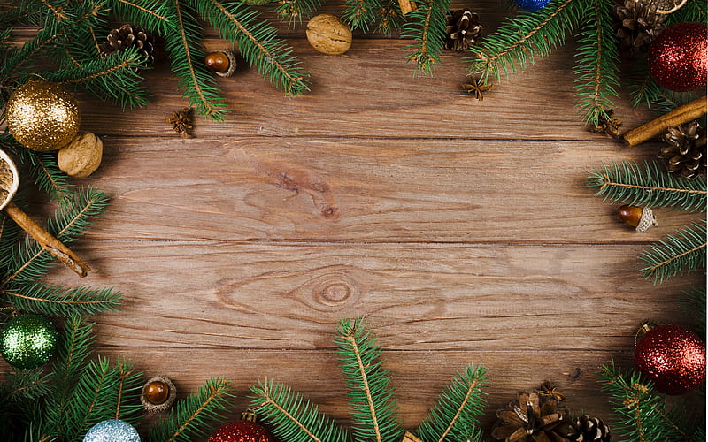 Christmas frame, wooden background, Christmas, frame from a Christmas tree, wood texture, HD wallpaper