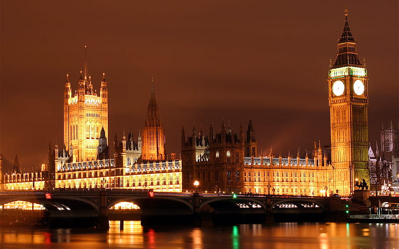 Westminster and Big Ben, thames, illumination, tourism, england, clock, abbey, lights, building, politics, structure, tower, london, parliament, river, night, government, HD wallpaper