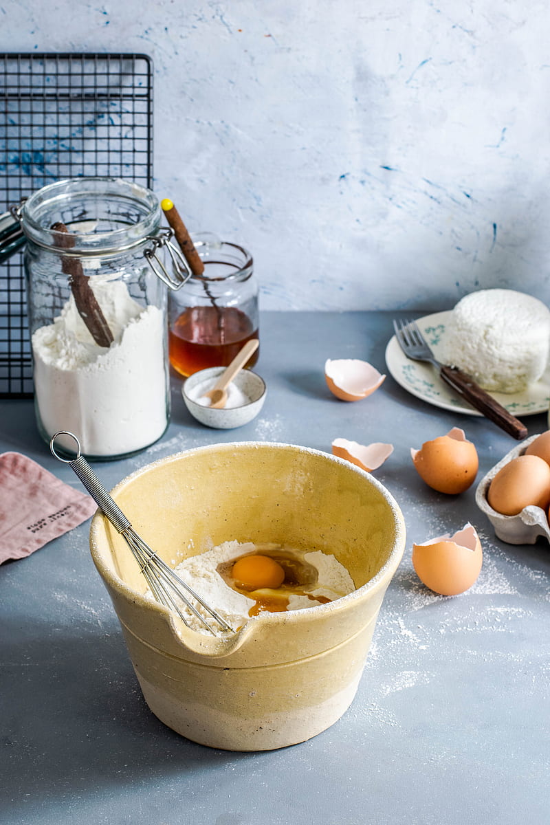 brown mixing bowl with eggs and flour with whisk, HD phone wallpaper