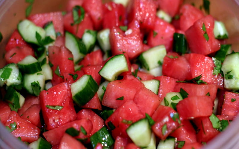 Watermelon And Cucumber Salad, Red, Cucumber, Watermelon, Green, White, Salad, HD wallpaper