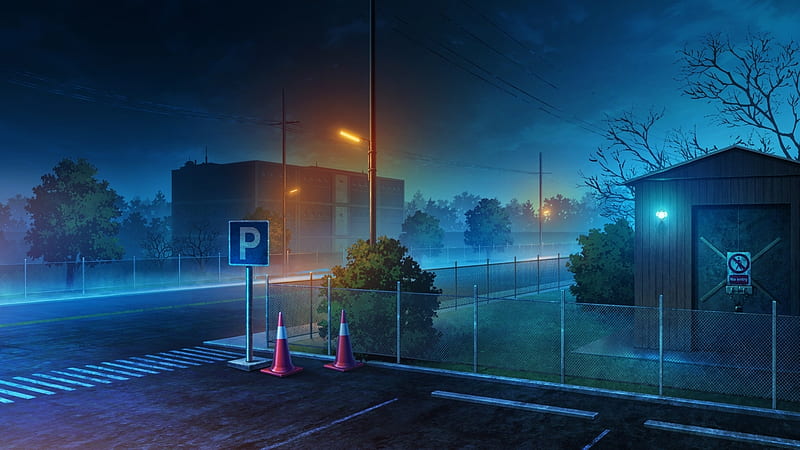 Quite Nightscape, Nightscape, Night Sky, Building, Lamp Post, Anime, Locked Shed, Parking Sign, Trees, Traffic Cones, Street, HD wallpaper