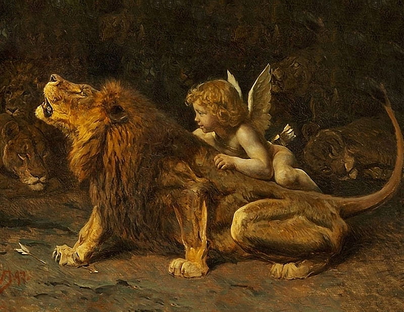 Cupid playing with lions, boy, leu, cupid, angel, painting, lion, art, wings, valdemar irminger, pictura, HD wallpaper