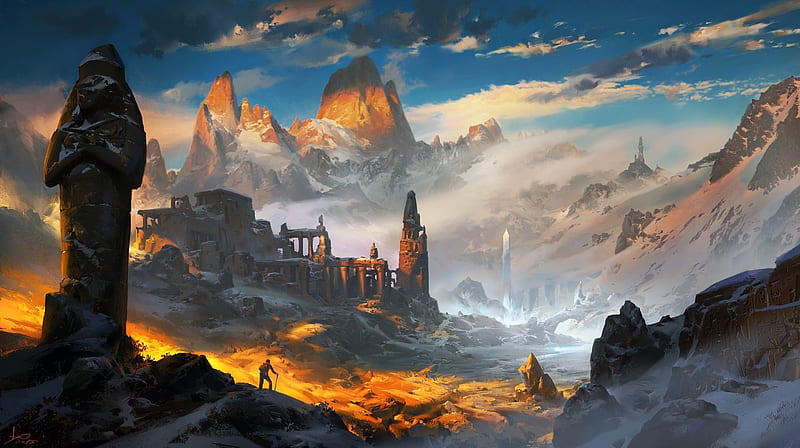 fantasy landscape, ruins, statue, field, traveler, mountain, Fantasy, HD wallpaper