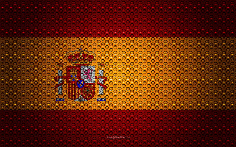 Flag of Spain creative art, metal mesh texture, Spanish flag, national symbol, Spain, Europe, flags of European countries, HD wallpaper