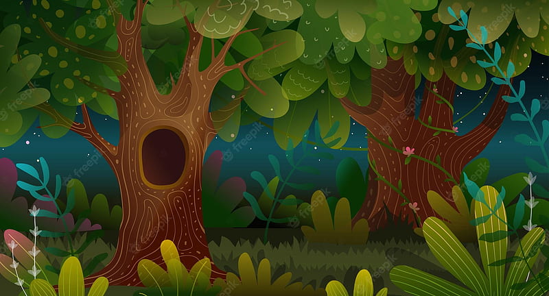 Premium Vector. Forest at night with spooky hollow tree, fantasy enchanted  magic landscape cartoon. kids fairytale watercolor style mystery  illustration. background children vector design, HD wallpaper | Peakpx