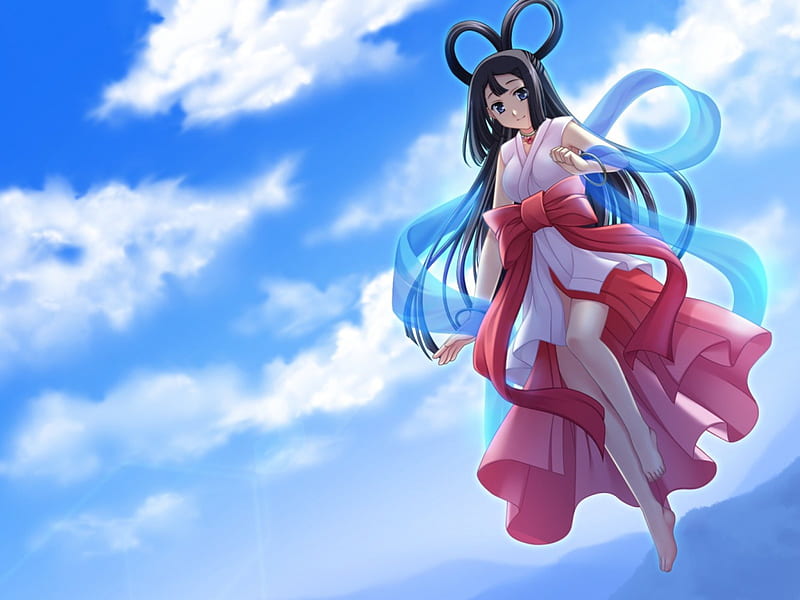 Celestial Maiden, dress, float, divine, bonito, sublime, elegant, sweet, fantasy, anime, hot, beauty, anime girl, long hair, gorgeous, black hair, female, cloud, lovely, maide, sky, sexy, cute, girl, oriental, chinese, lady, maiden, HD wallpaper