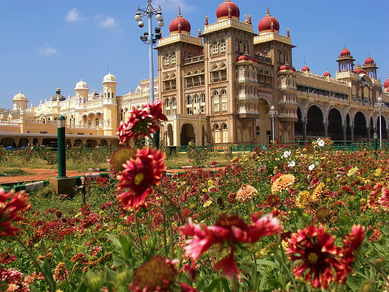 Palace of Maharaja of India, Mysore, building, flowers, monumental, impressive, HD wallpaper