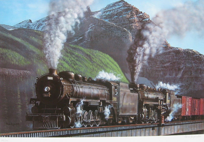 Riding The Pacific, Train, Painting, Max Jacquiard, Tracks, HD wallpaper