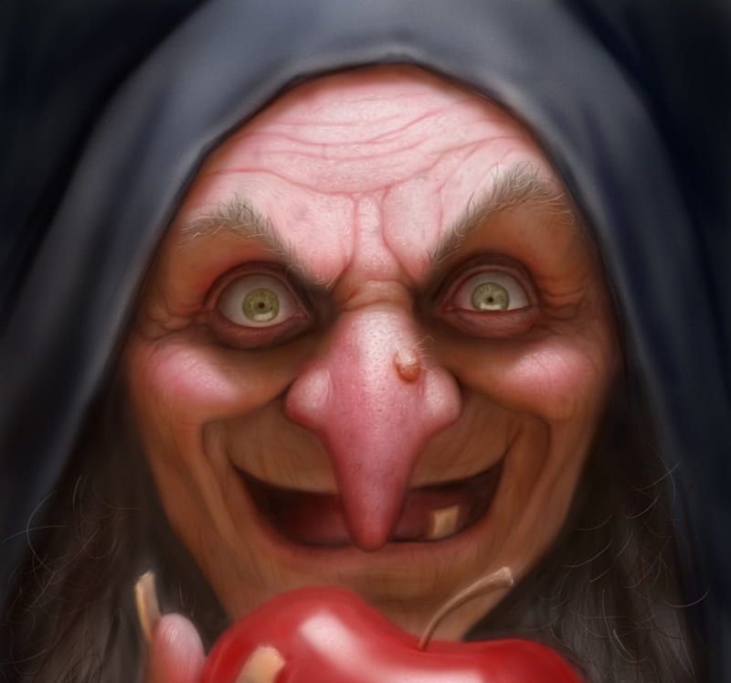 Witch, old woman, apple, fantasy, luminos, william soares, snow white, face, HD wallpaper
