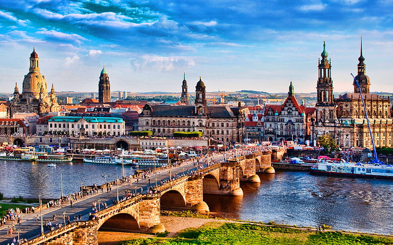 Augustus Bridge, Dresden, skyline cityscapes, summer, german cities, Europe, Germany, Cities of Germany, Dresden Germany, cityscapes, R, HD wallpaper