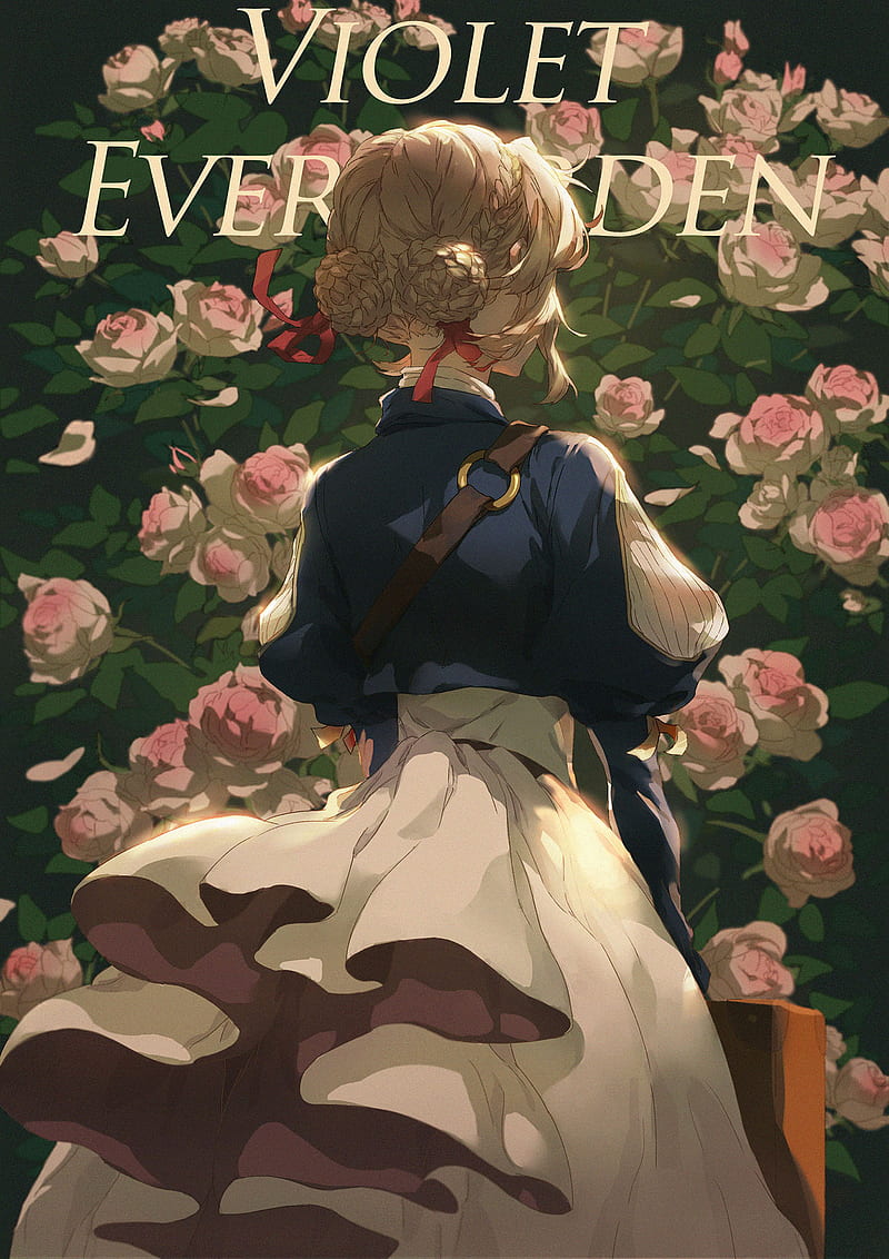 Violet Evergarden, anime girls, fan art, vertical, pink roses, blond hair, red ribbon, long hair, HD phone wallpaper
