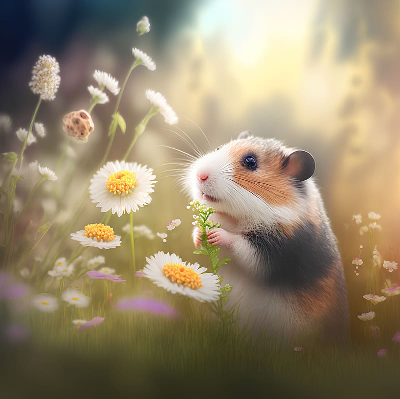 Cute hamster in meadow with daisies, Field, Young, Wild, Grass, HD wallpaper