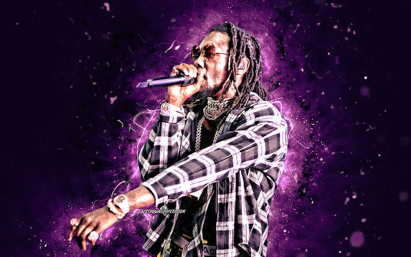 Offset, 2020 violet neon lights, american rapper, concert, music stars, creative, Migos, Offset with microphone, Kiari Kendrell Cephus, american celebrity, Offset, HD wallpaper
