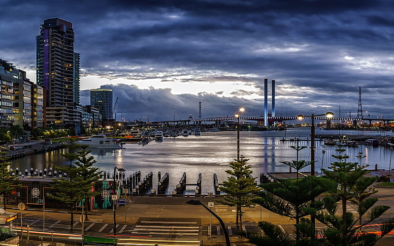 Melbourne, sunset, bay, skyscrapers, cityscape, Australia, HD wallpaper