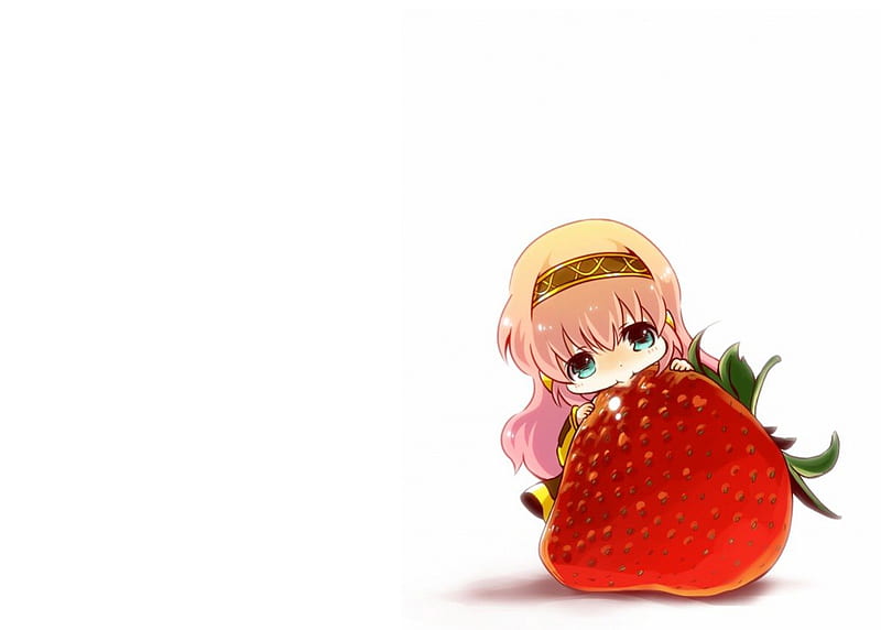 Strawberry, pretty, adorable, megurine, sweet, fruit, nice, yummy, anime, anime girl, vocaloids, long hair, huge, lovely, chibi, cute, white, eating, luka, hungry, eat, small, megurine luka, big, vocaloid, female, delicious, plain, kawaii, mini, girl, simple, pink hair, HD wallpaper