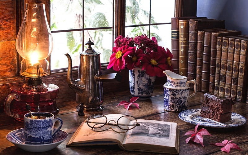 Still Life, lamp, coffee, window, book, flowers, HD wallpaper | Peakpx