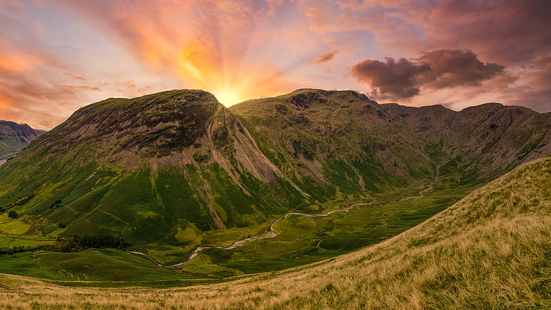 mountains, peaks, sunset, grass, meadow, HD wallpaper