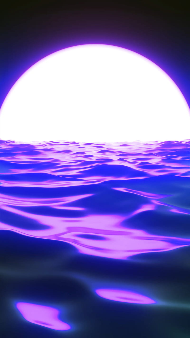 purple/violet/blue, glow, moon, neon, retro, sea, sunrise, sunset, vintage, water, waves, HD phone wallpaper