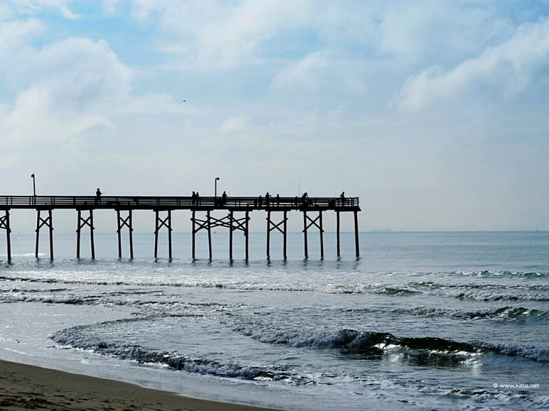 Board walk, beach, Sea, beige, clouds, blue, HD wallpaper