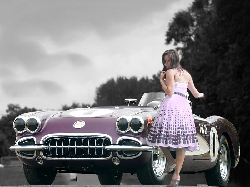 Classic Corvette, corvette, woman, sexy, cute, retro, girl woman and car vintage, HD wallpaper