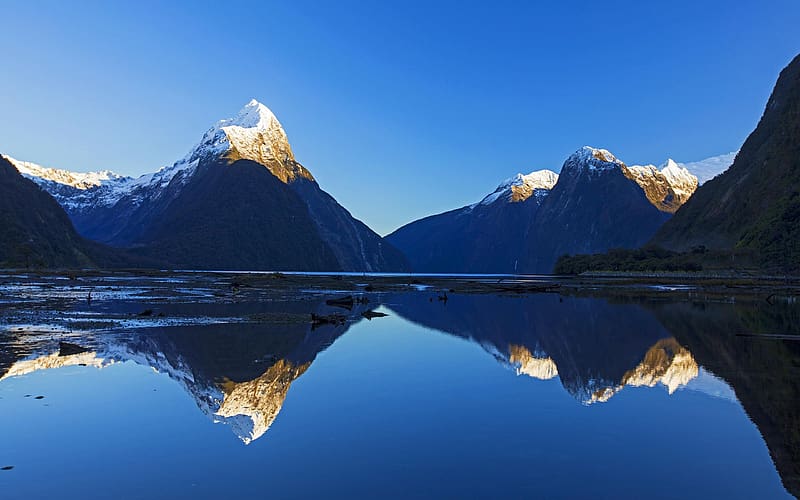 Winter morning at Milford Sound, New Zealand, rocks, water, reflections, fjord, HD wallpaper