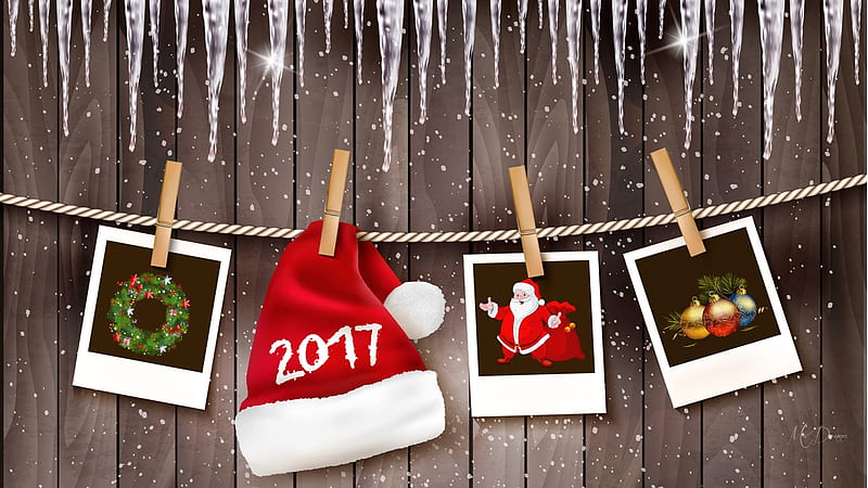 2017 On The Line, clothes pins, New Years Santa Claus, icycles, winter, 2017 Santa Hat, Firefox Persona theme, clothes line, HD wallpaper