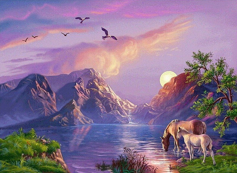 At Night at the Sea, moon, clouds, horses, mountains, night, HD wallpaper