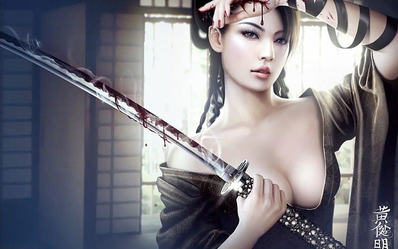 Seiatsu Edited Version, female, dress, japanese, sexy, blood, seiatsu, fantasy, samuri, girl, body, katana, sword, HD wallpaper