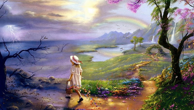 A Sunday Stroll, little girl, colorful, kid safe, country, HD wallpaper
