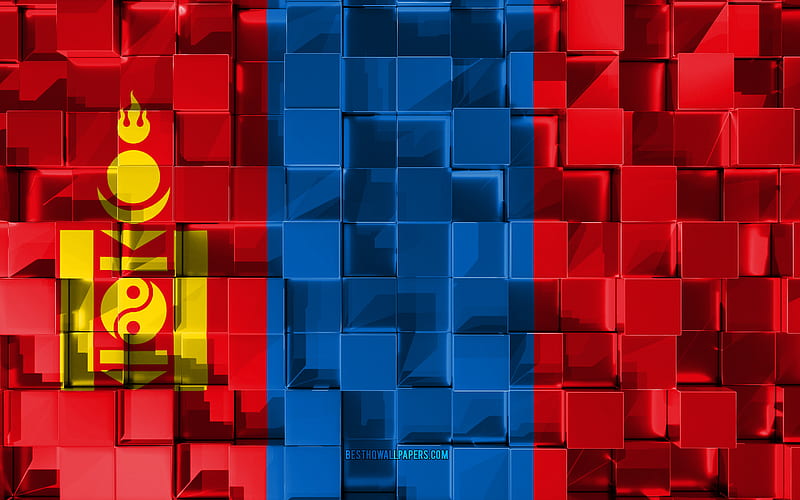 Flag of Mongolia, 3d flag, 3d cubes texture, Flags of Asian countries, 3d art, Mongolia, Asia, 3d texture, Mongolia flag, HD wallpaper