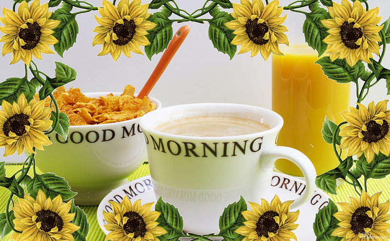 *Good morning*, good morning, bowl of cereal, juice, orange, food, frame, drinks, hq, glass, Healthy breakfast, coffee, sunflowers, cup, HD wallpaper
