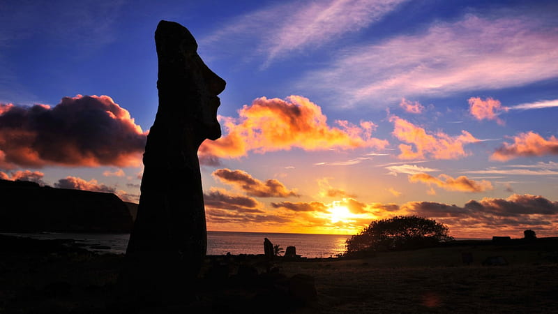 moai silhouette on easter island at sunset, sunset, island, silhouette, statue, HD wallpaper