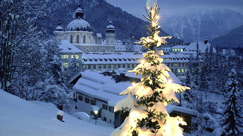 Frost Christmas Tree With Lights In Snow Covered Buildings And Mountain Background Christmas, HD wallpaper
