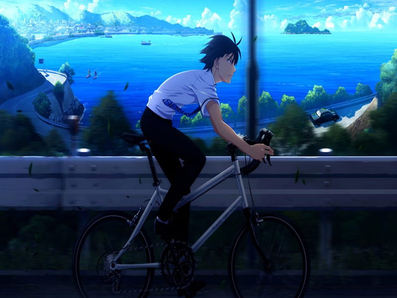 Kazami Yuuji On Bicycles, wind, grisaia no kajitsu, kazami yuuji, sea, cute, boy, anime, visual novel, bicycles, blue, in a hurry, HD wallpaper