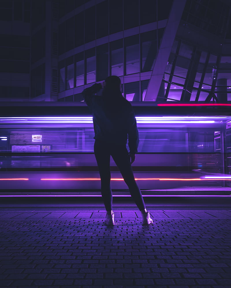silhouette, figure, neon, light, purple, dark, HD phone wallpaper