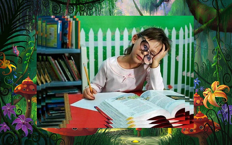 Homework ......., homework, books, sleeping girl, glasses with eyes, fairy wood, HD wallpaper