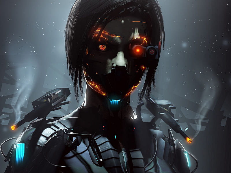 robot, cyborg, eyes, dark standard 4:3 background, Black Cyborg, HD wallpaper