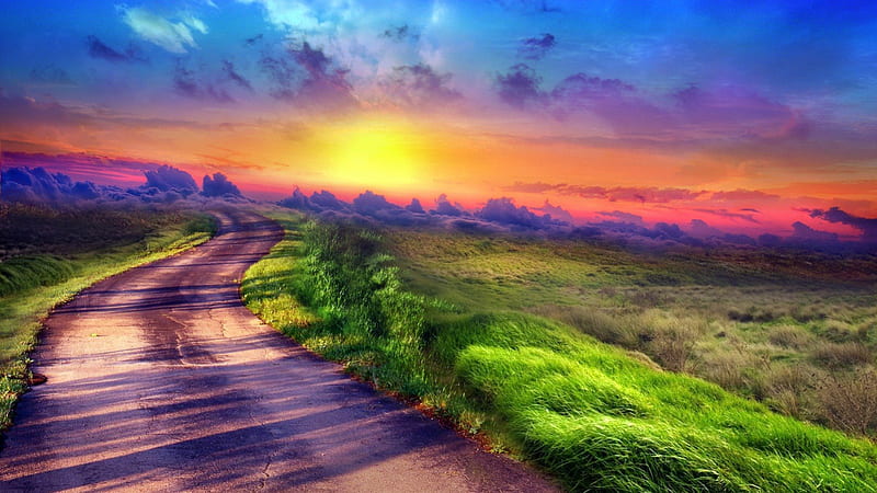 Colors on the Road, pretty sun, grass, mount, dusk, sunset, clouds, mountaions, mountain, sundown, nice, multicolor, grasses, pathway mounts, path, beauty, sunrise, sunbeam, , dawn, rainbowsky, sky, highway, sunrays, cool, purple, awesome, violet, sunshine, hop, colorful, bonito, twilight graphy, green, sunsets, traul, sun rays, way, scenery, pink, road amazing, horizon, view, fondos, magenta, colors, plants nature, pc, scene, HD wallpaper