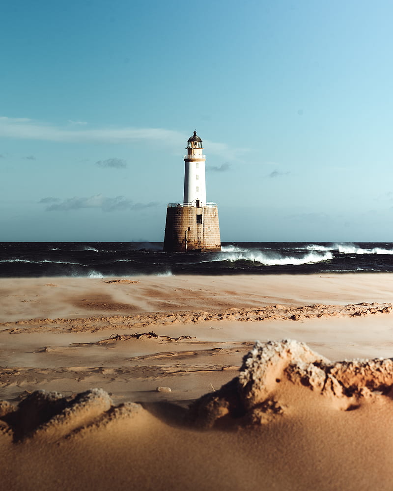 lighthouse, sea, sand, surf, waves, horizon, HD phone wallpaper